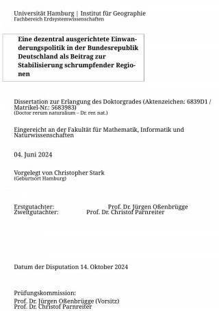 Christopher Stark: Eine dezentral ausgerichtete Einwanderungspolitik in der Bundesrepublik Deutschland als Beitrag zur Stabilisierung schrumpfender Regionen